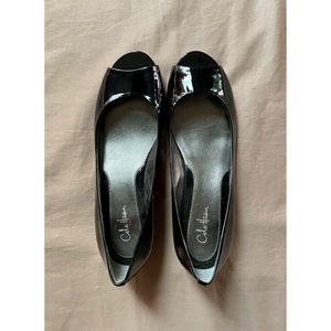 Cole Haan Peep-toe Black Patent Leather Low Wedges